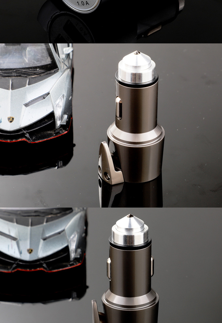 新款安全錘車載手機(jī)充電器 雙USB現(xiàn)貨鋅合金屬亮鏡面割刀智能車充示例圖28