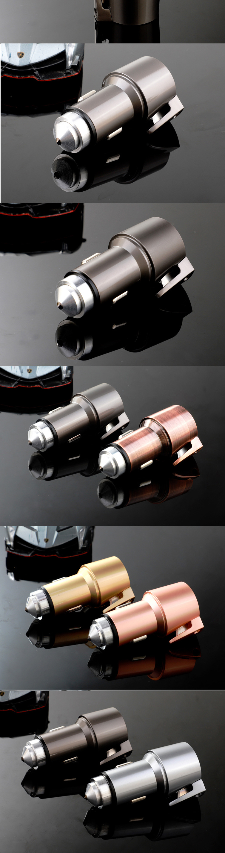 新款安全錘車載手機(jī)充電器 雙USB現(xiàn)貨鋅合金屬亮鏡面割刀智能車充示例圖3
