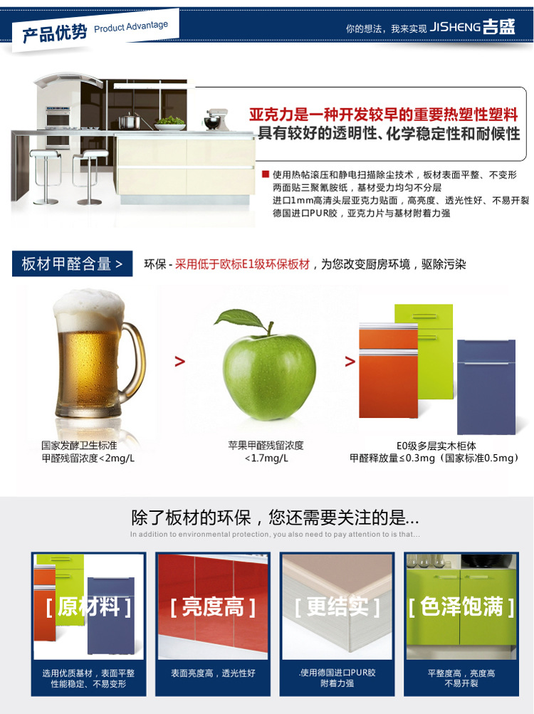 亞克力櫥柜門板 吉盛專業(yè)柜門定做 甲醛釋放量E1等級(jí) 熱銷推薦示例圖2