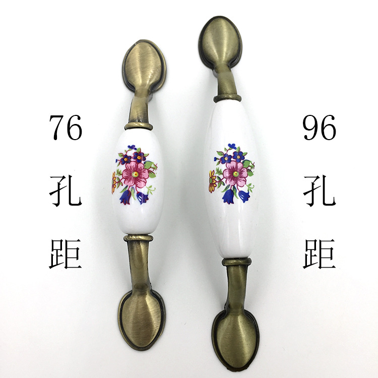 現代簡約古典蘭花陶瓷拉手仿古鋁合金拉手五金家具抽屜櫥柜門把手示例圖2
